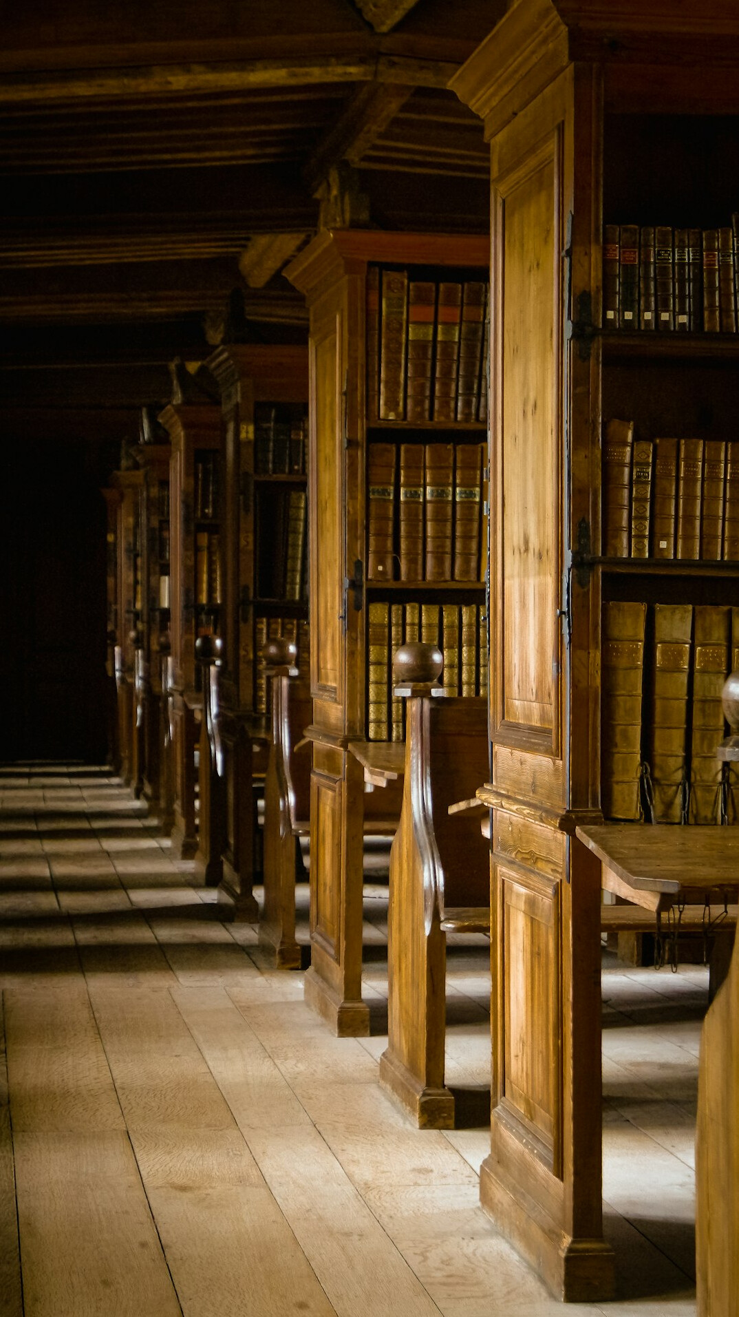 Old library with tall wooden bookshelves